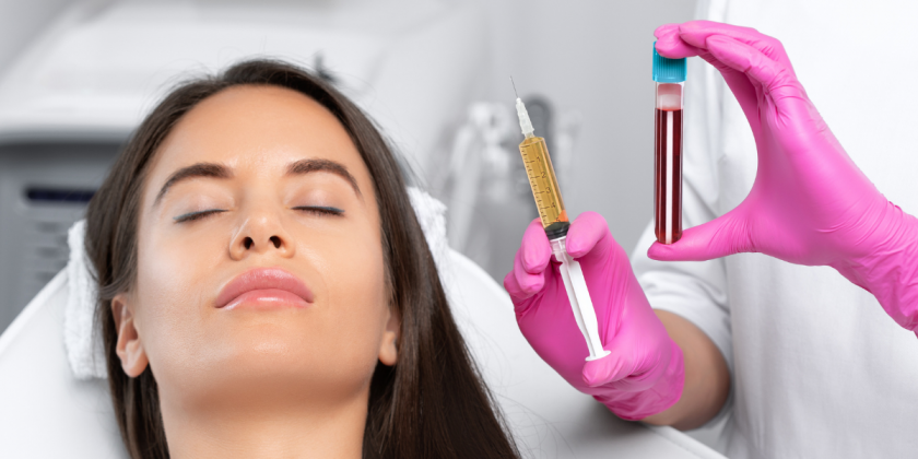 PRP platelet rich plasma treatment. An image of a Doctor holding a vial of blood and a syringe with Plasma. The Plasma is extracted form the patients blood.